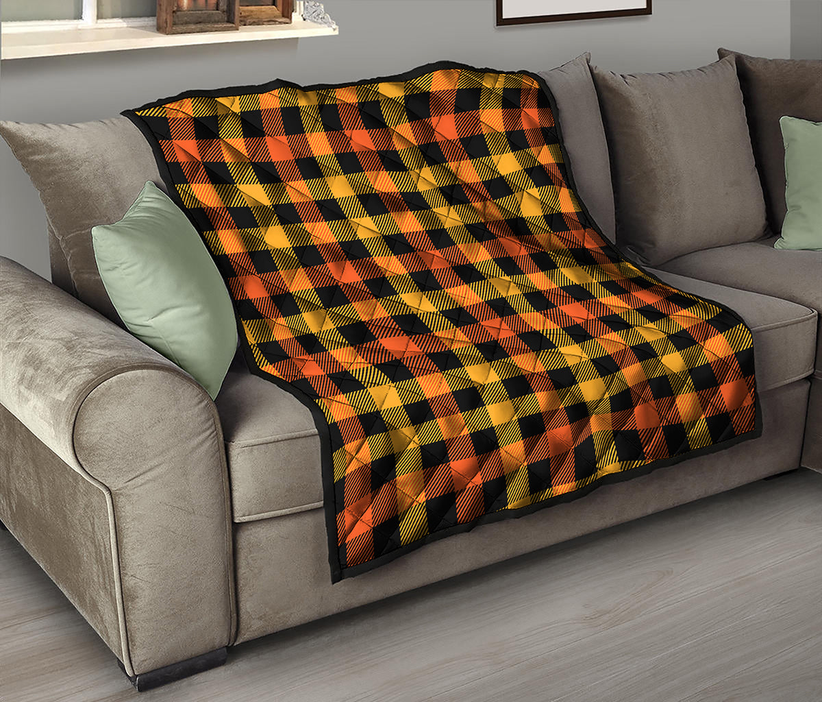 Orange And Black Buffalo Plaid Print Quilt