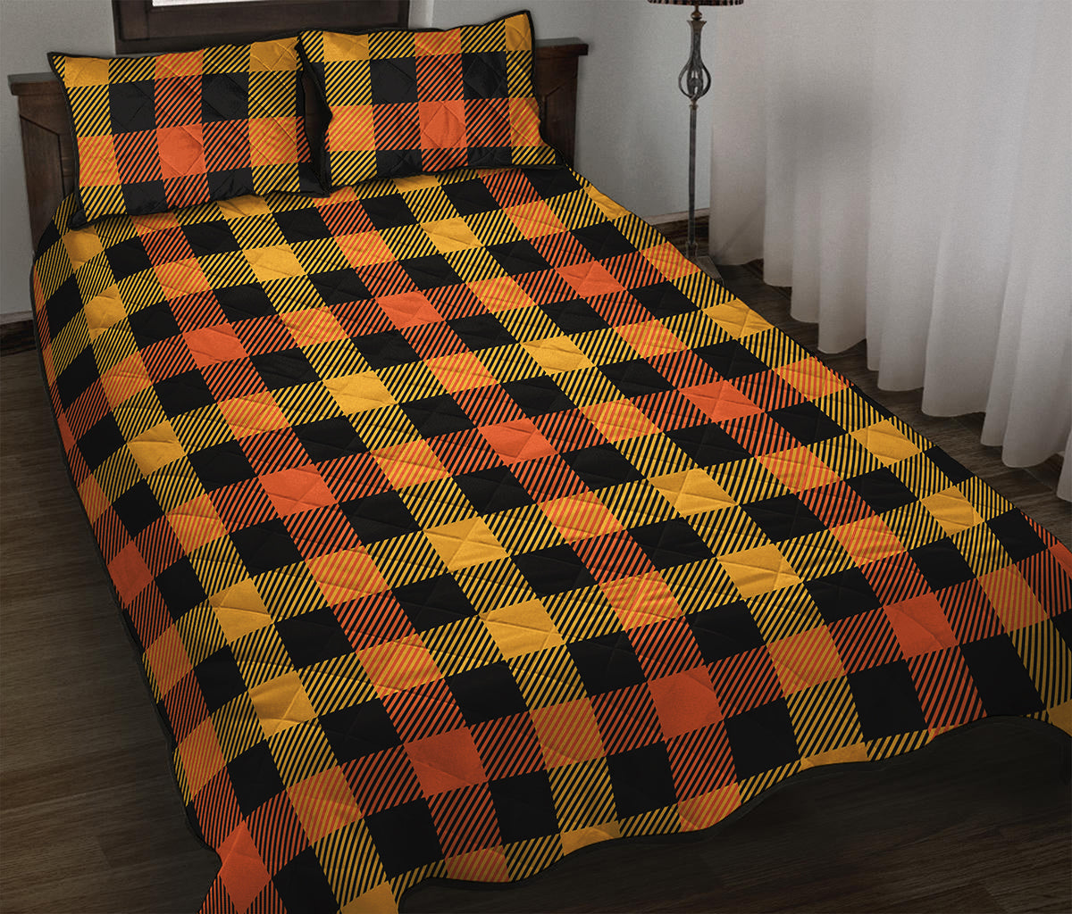 Orange And Black Buffalo Plaid Print Quilt Bed Set