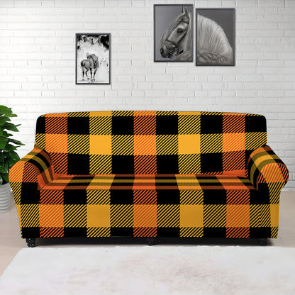 Orange And Black Buffalo Plaid Print Sofa Cover
