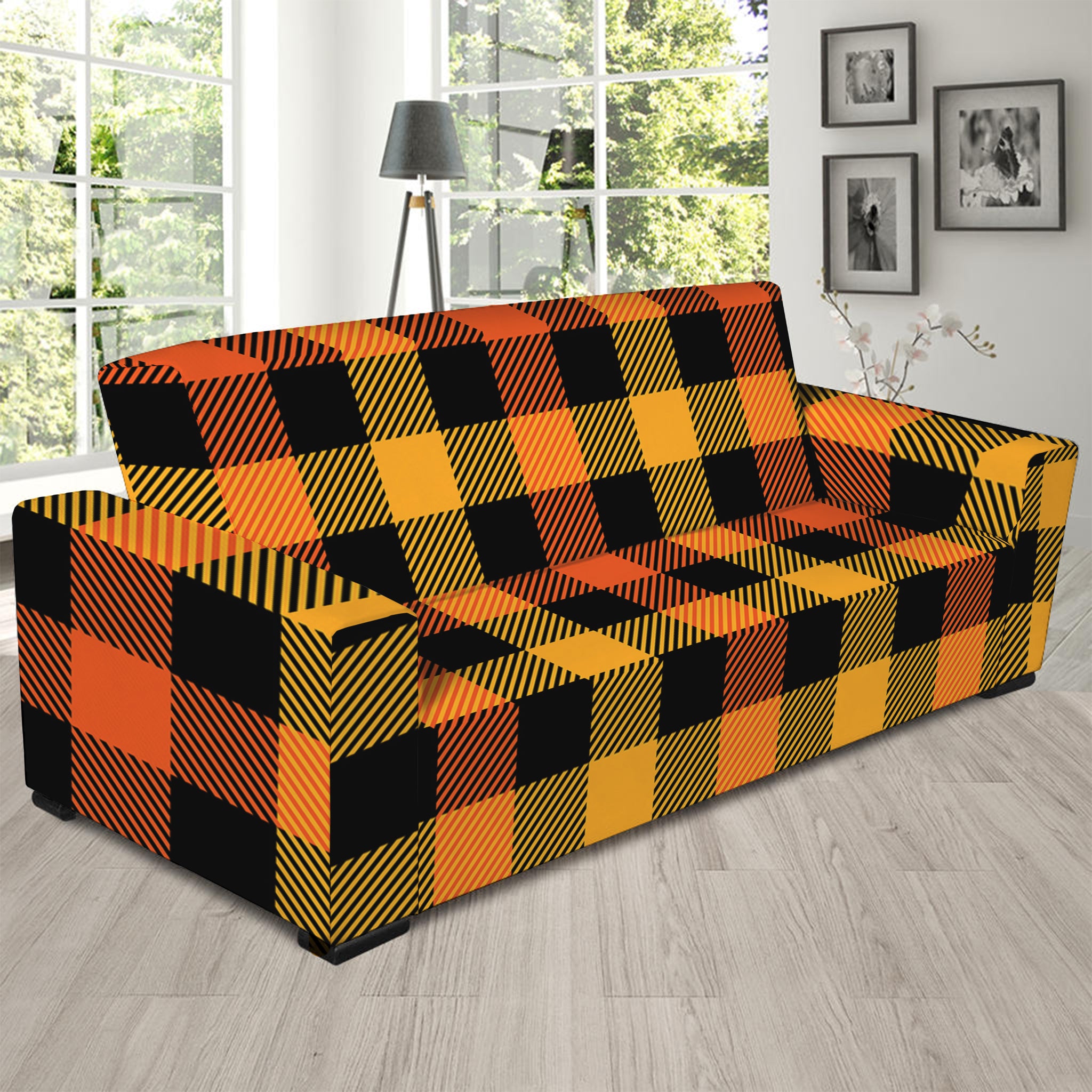 Orange And Black Buffalo Plaid Print Sofa Slipcover