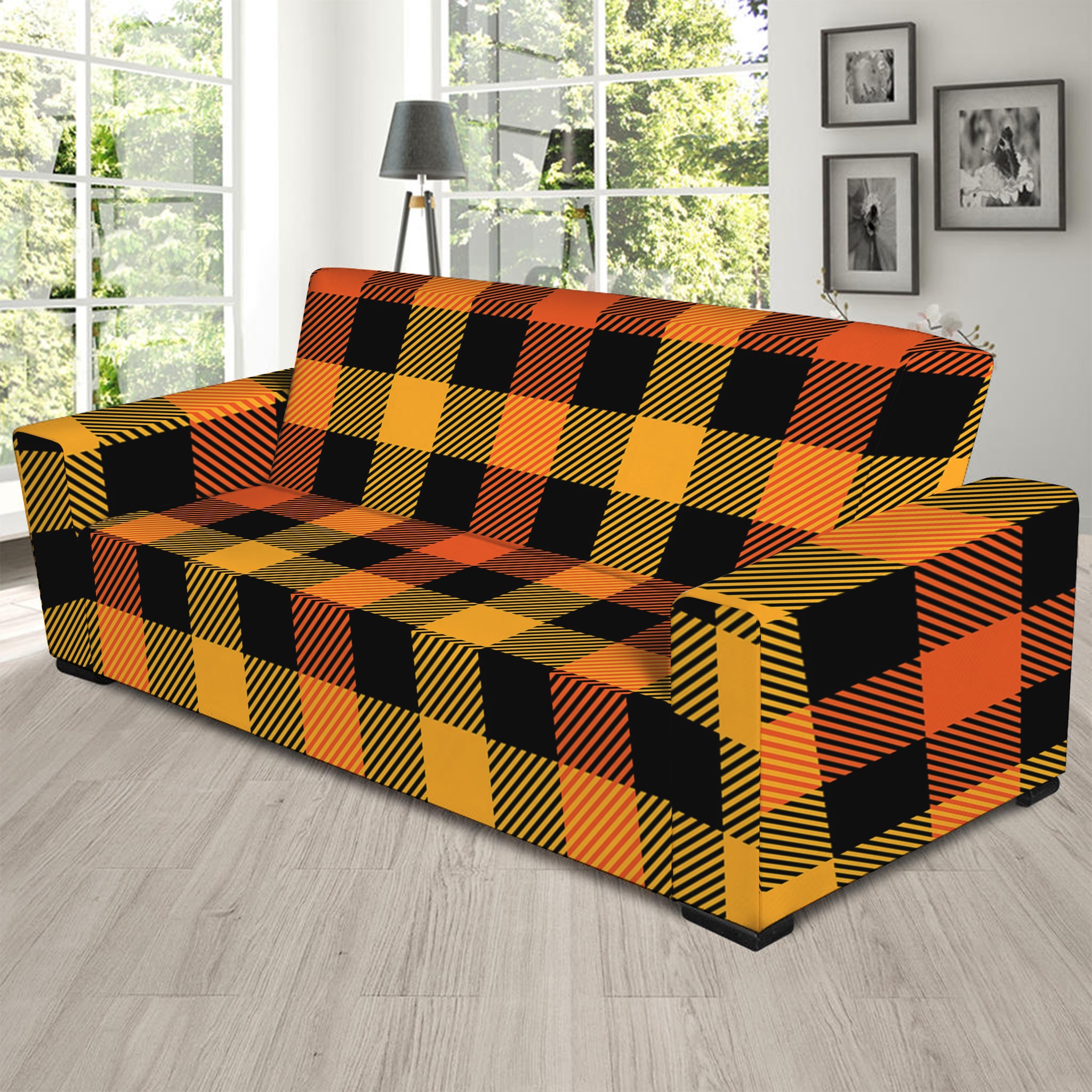 Orange And Black Buffalo Plaid Print Sofa Slipcover