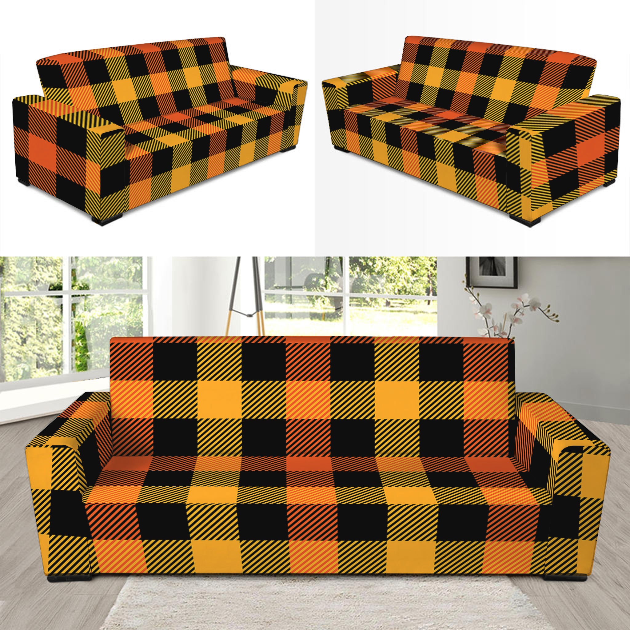 Orange And Black Buffalo Plaid Print Sofa Slipcover