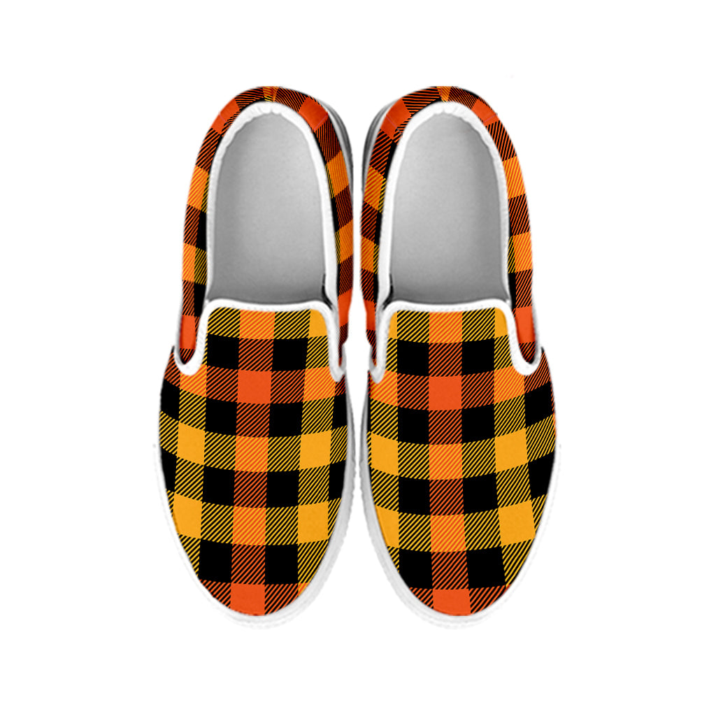 Orange And Black Buffalo Plaid Print White Slip On Shoes