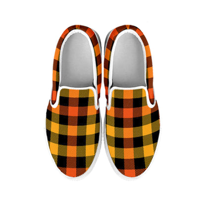 Orange And Black Buffalo Plaid Print White Slip On Shoes