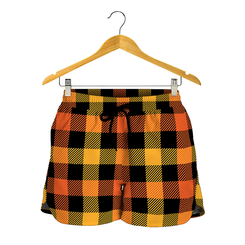 Orange And Black Buffalo Plaid Print Women's Shorts