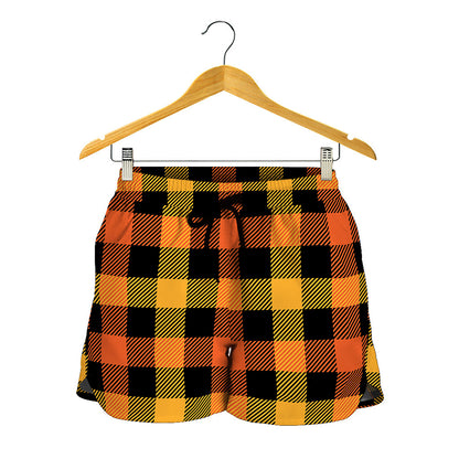 Orange And Black Buffalo Plaid Print Women's Shorts