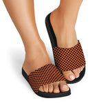 Orange And Black Checkered Pattern Print Black Slide Sandals