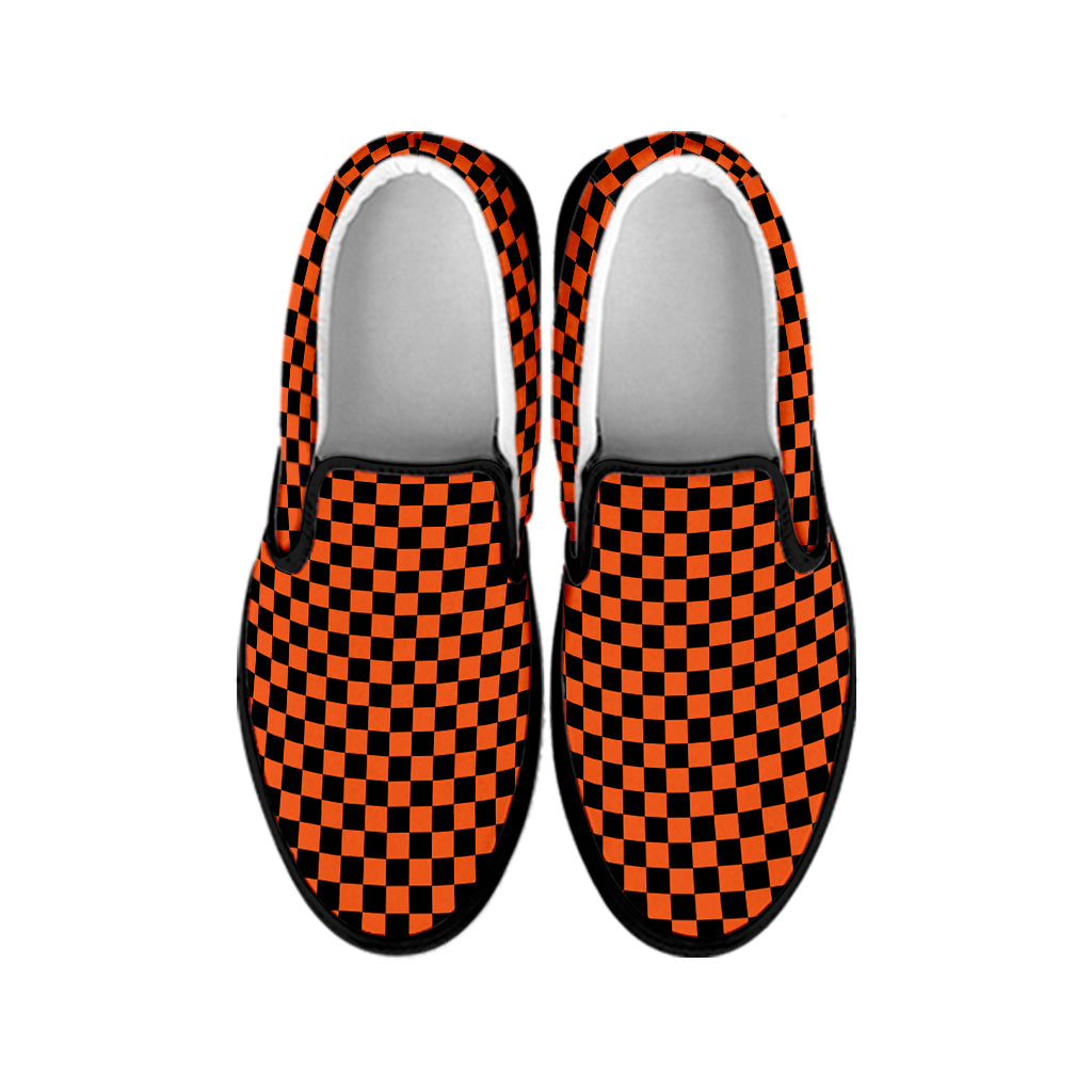 Orange And Black Checkered Pattern Print Black Slip On Shoes