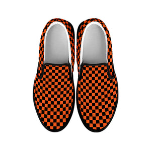 Orange And Black Checkered Pattern Print Black Slip On Shoes
