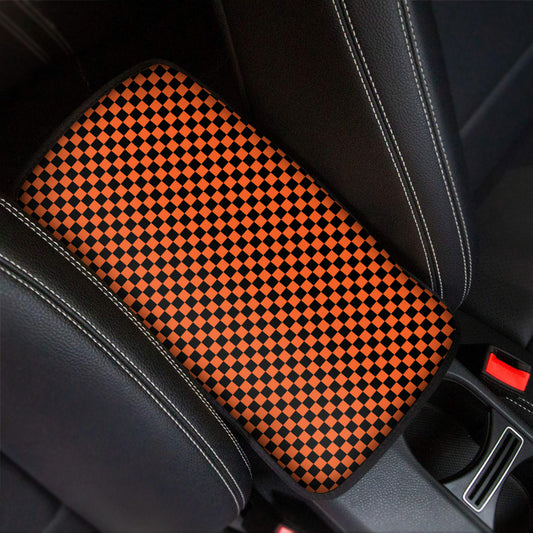 Orange And Black Checkered Pattern Print Car Center Console Cover