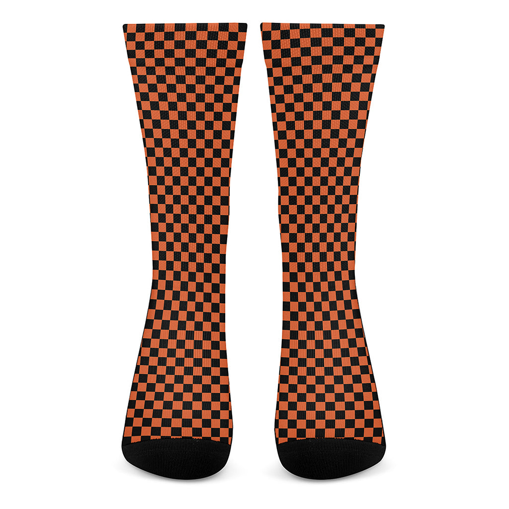 Orange And Black Checkered Pattern Print Crew Socks