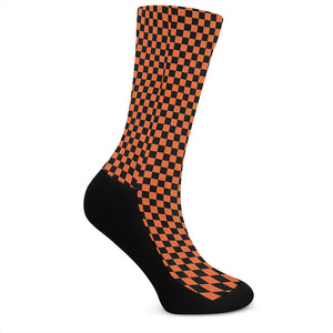 Orange And Black Checkered Pattern Print Crew Socks