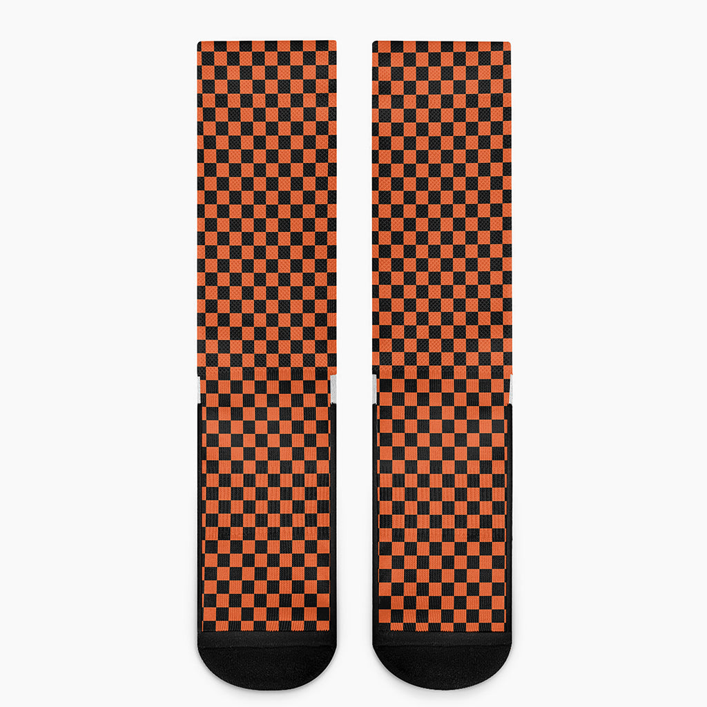 Orange And Black Checkered Pattern Print Crew Socks