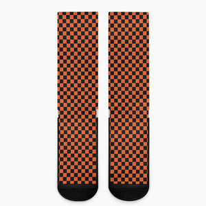 Orange And Black Checkered Pattern Print Crew Socks