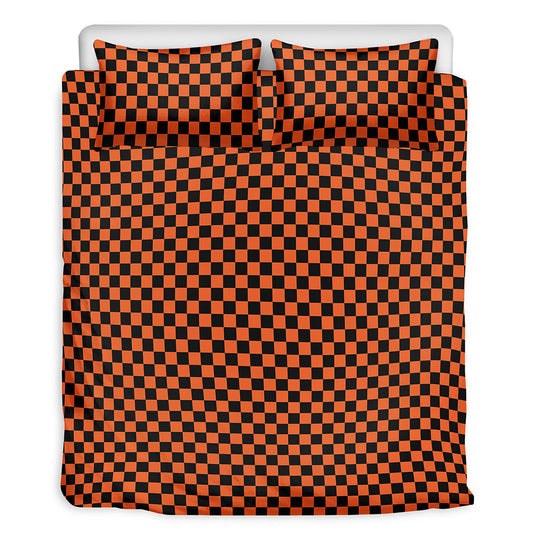 Orange And Black Checkered Pattern Print Duvet Cover Bedding Set
