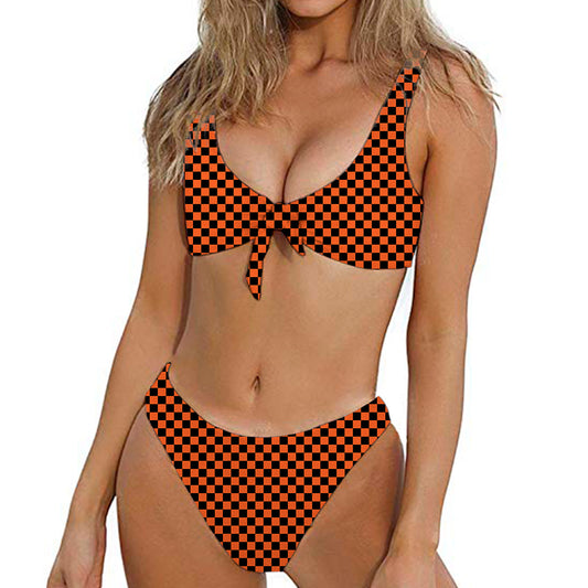 Orange And Black Checkered Pattern Print Front Bow Tie Bikini