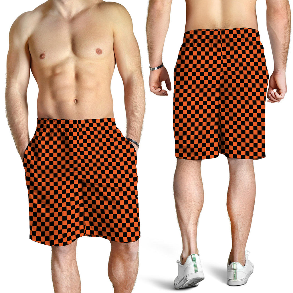 Orange And Black Checkered Pattern Print Men's Shorts