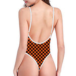 Orange And Black Checkered Pattern Print One Piece High Cut Swimsuit