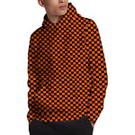 Orange And Black Checkered Pattern Print Pullover Hoodie