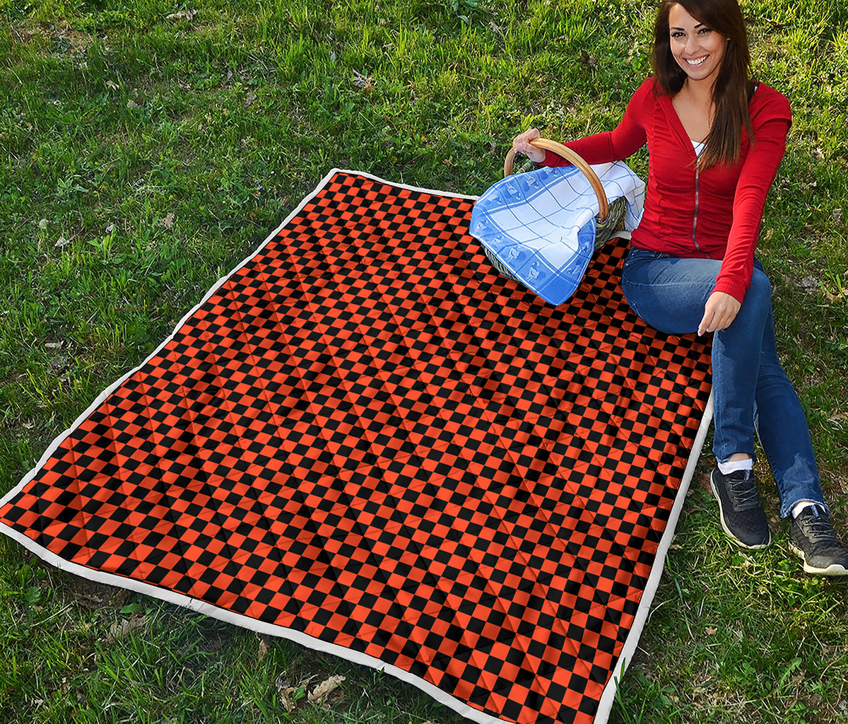 Orange And Black Checkered Pattern Print Quilt