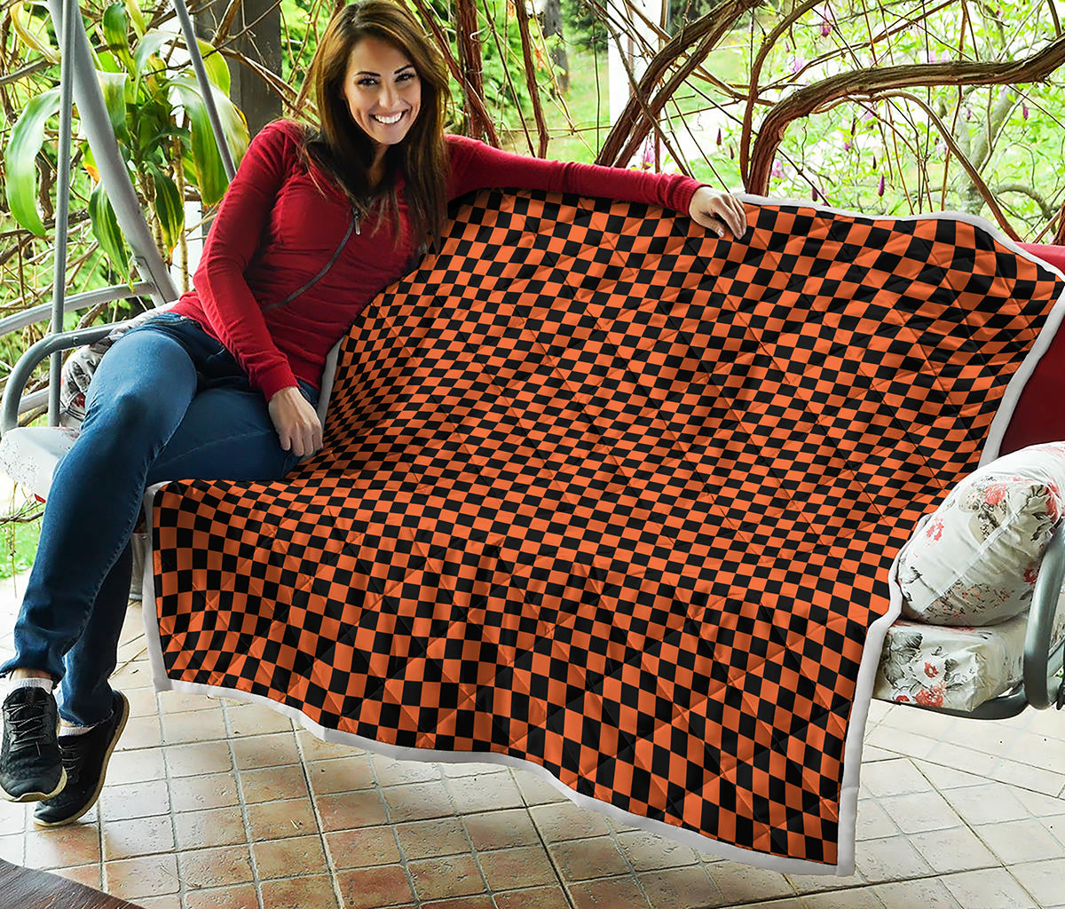 Orange And Black Checkered Pattern Print Quilt