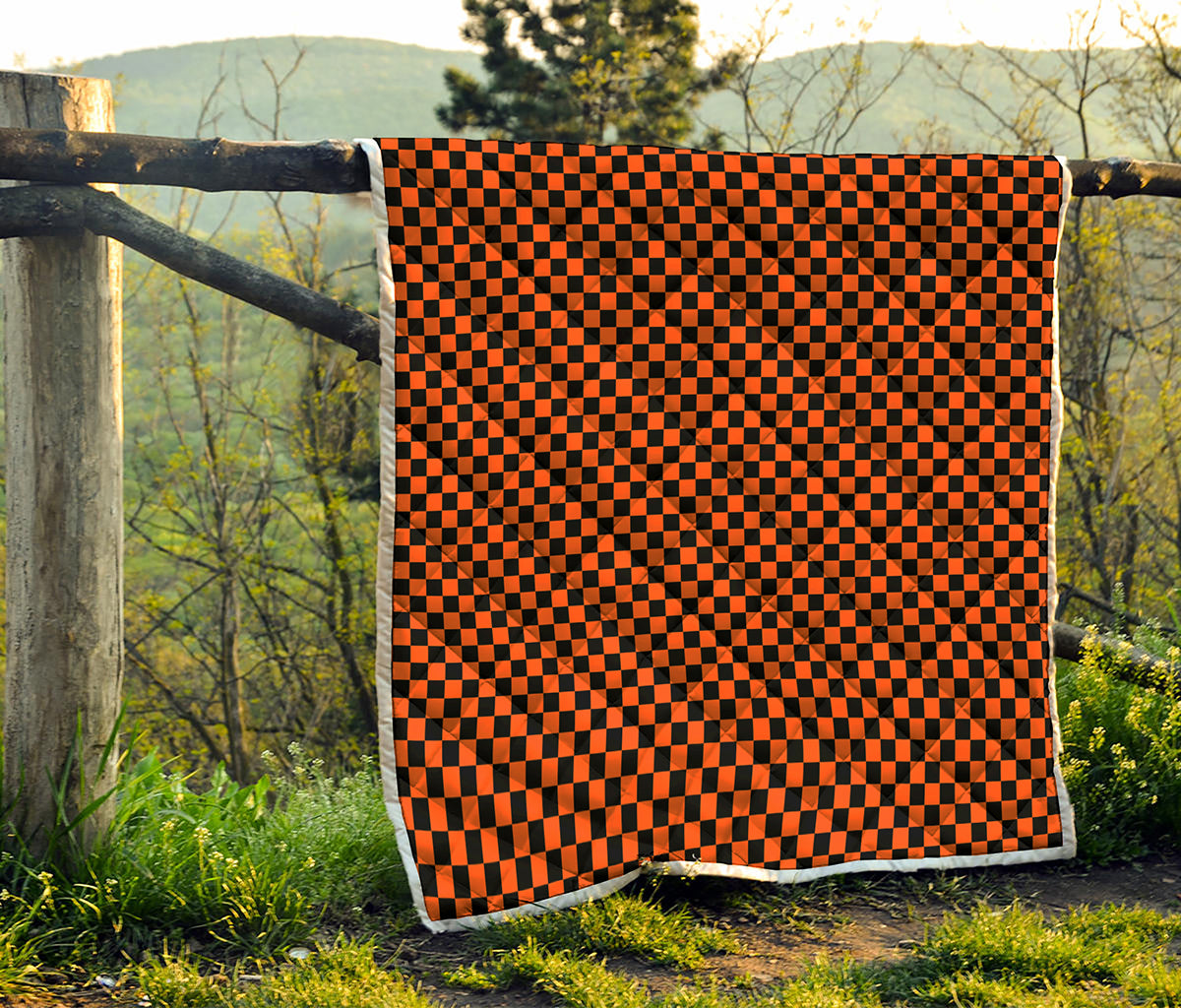 Orange And Black Checkered Pattern Print Quilt