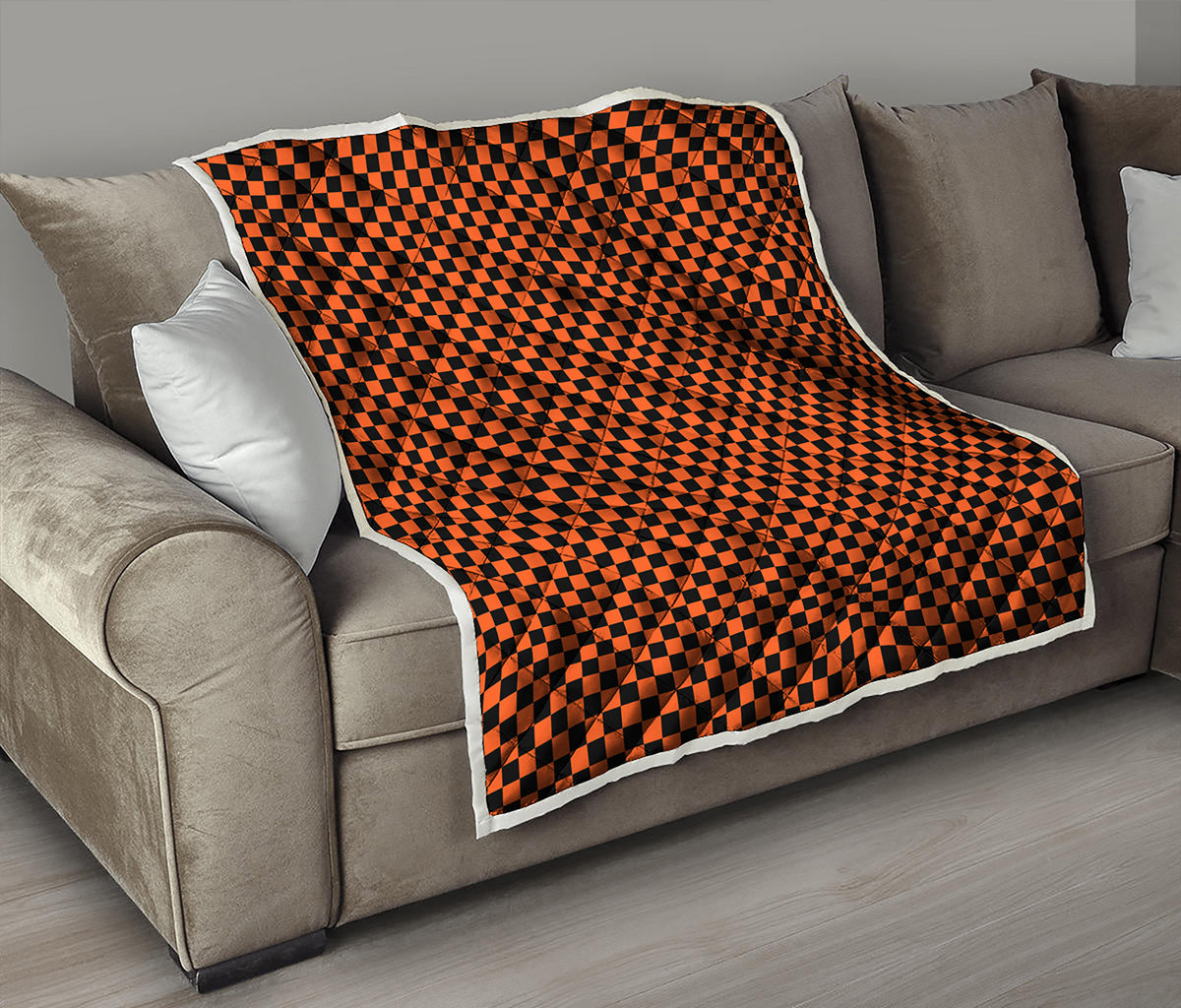 Orange And Black Checkered Pattern Print Quilt