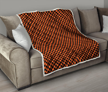 Orange And Black Checkered Pattern Print Quilt