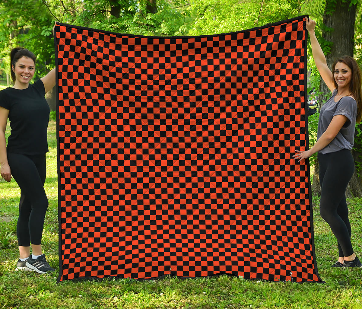 Orange And Black Checkered Pattern Print Quilt