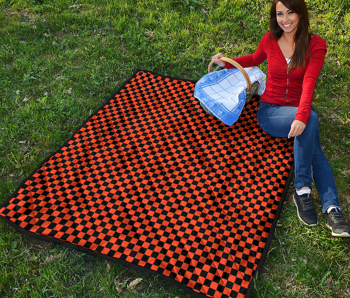 Orange And Black Checkered Pattern Print Quilt