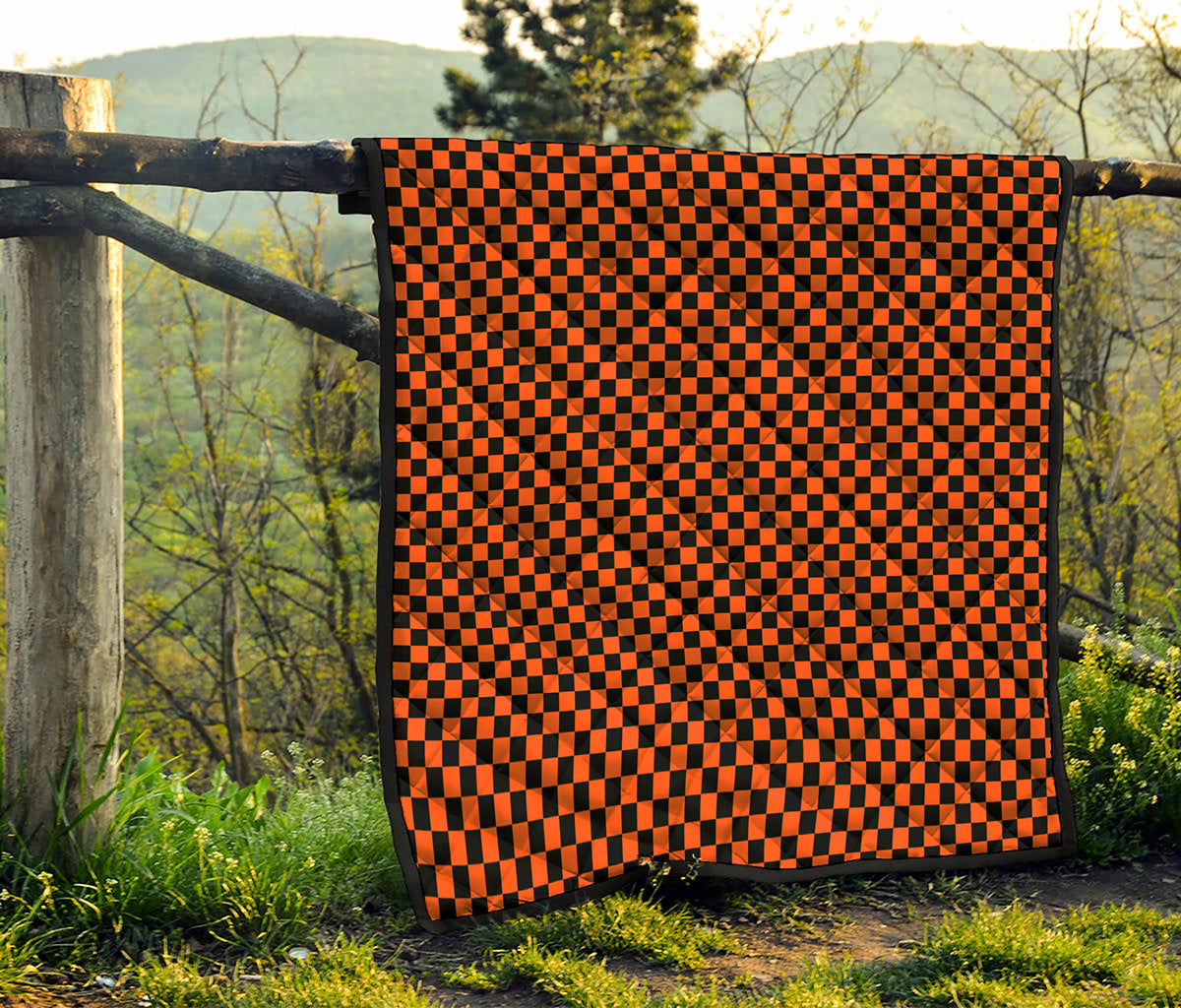 Orange And Black Checkered Pattern Print Quilt