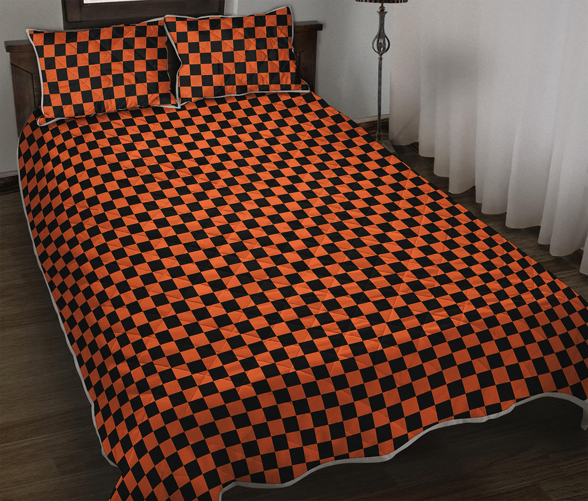Orange And Black Checkered Pattern Print Quilt Bed Set