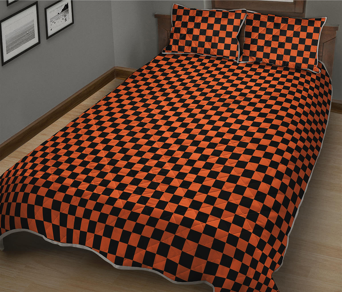 Orange And Black Checkered Pattern Print Quilt Bed Set
