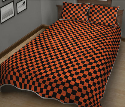 Orange And Black Checkered Pattern Print Quilt Bed Set