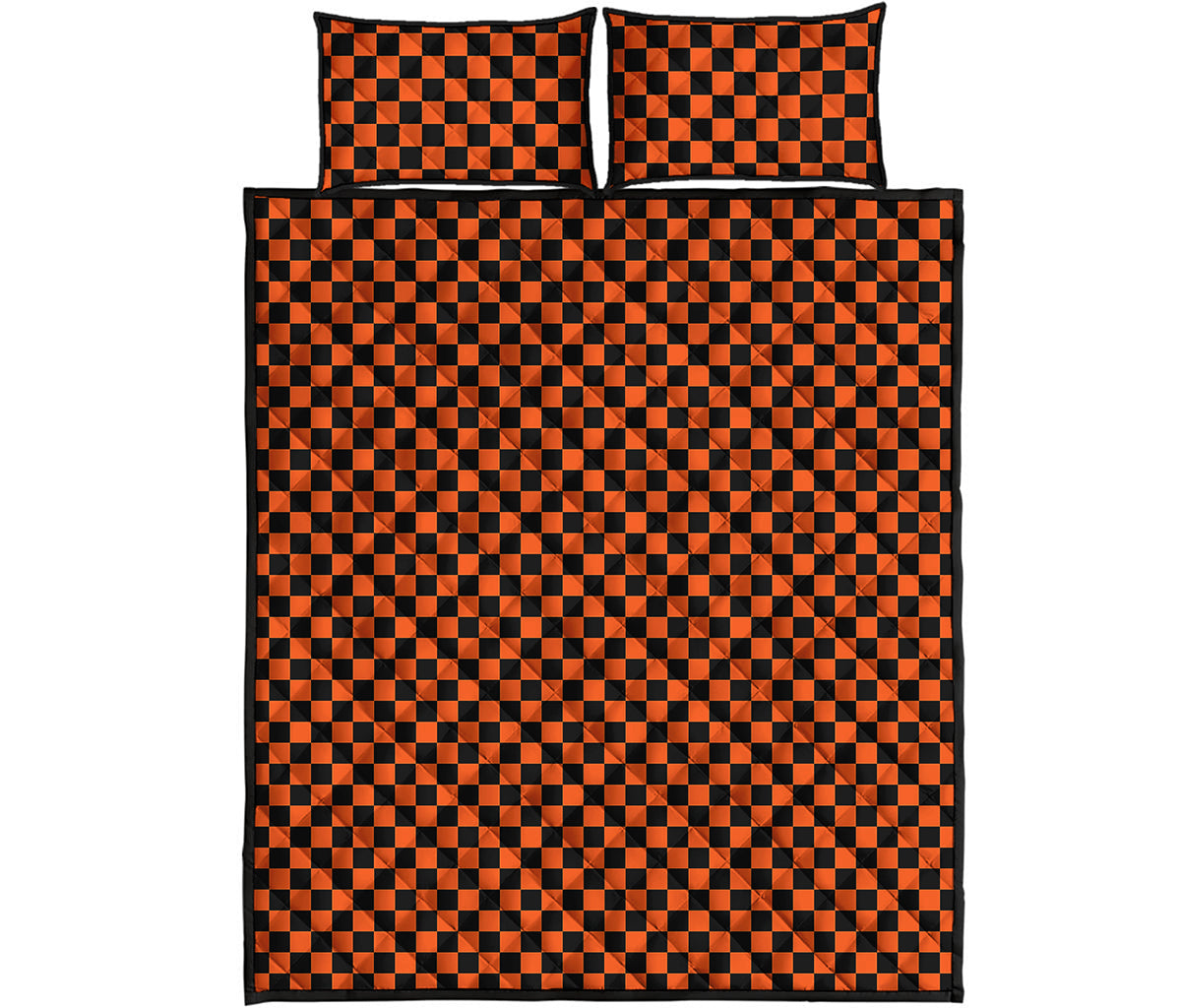 Orange And Black Checkered Pattern Print Quilt Bed Set