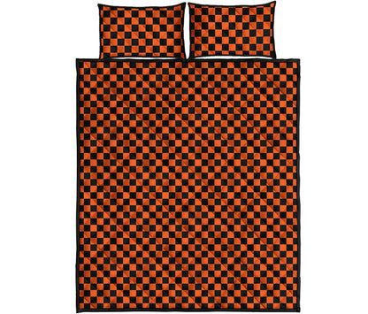 Orange And Black Checkered Pattern Print Quilt Bed Set