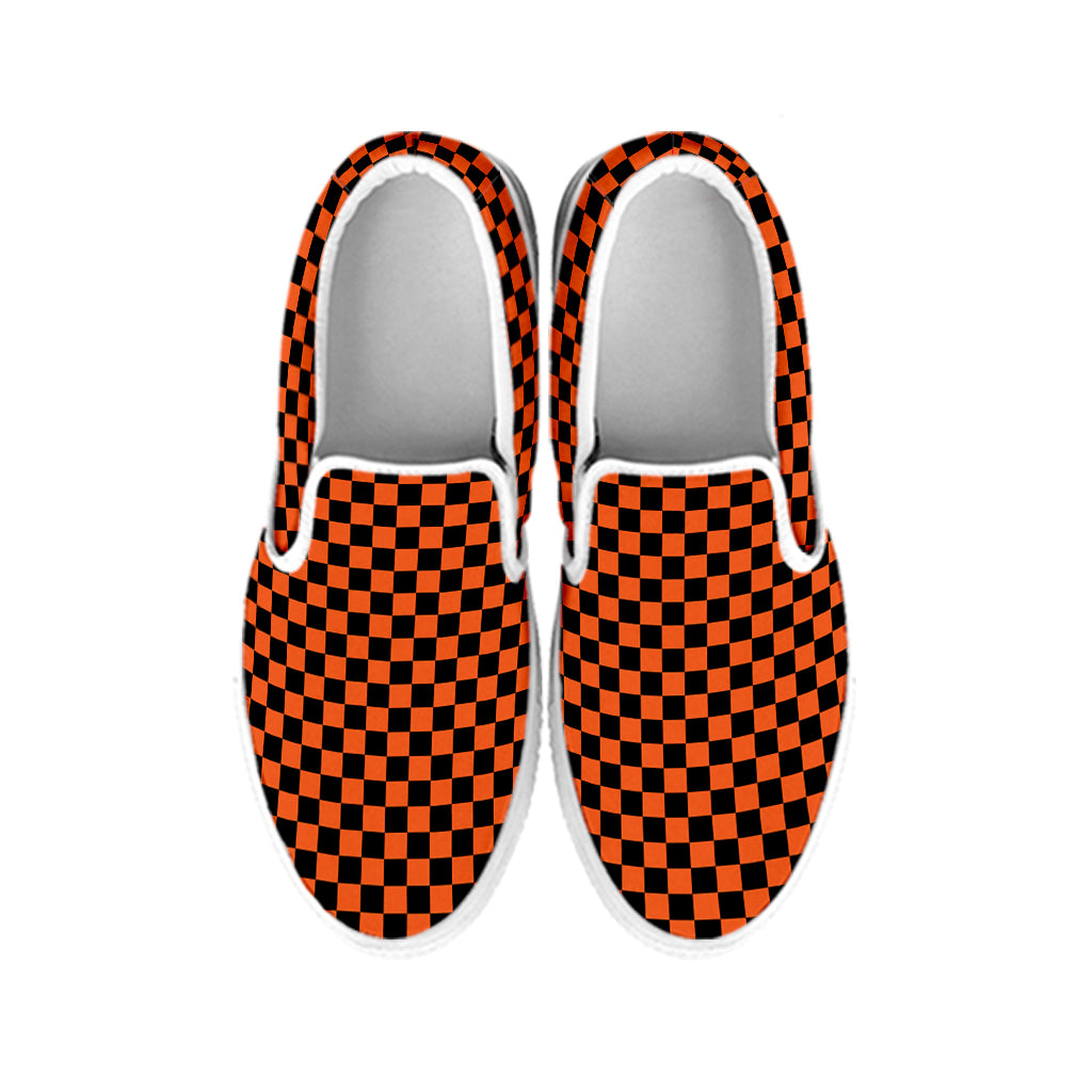 Orange And Black Checkered Pattern Print White Slip On Shoes