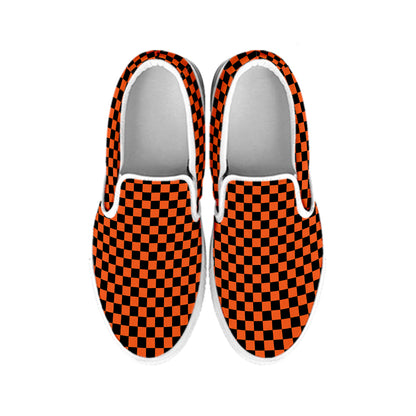 Orange And Black Checkered Pattern Print White Slip On Shoes