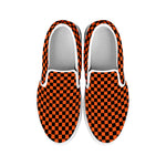 Orange And Black Checkered Pattern Print White Slip On Shoes