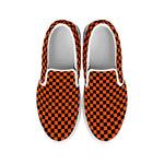 Orange And Black Checkered Pattern Print White Slip On Shoes