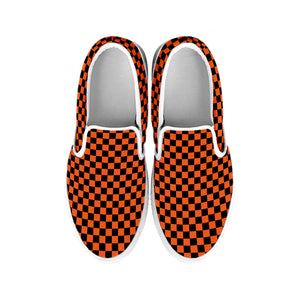 Orange And Black Checkered Pattern Print White Slip On Shoes