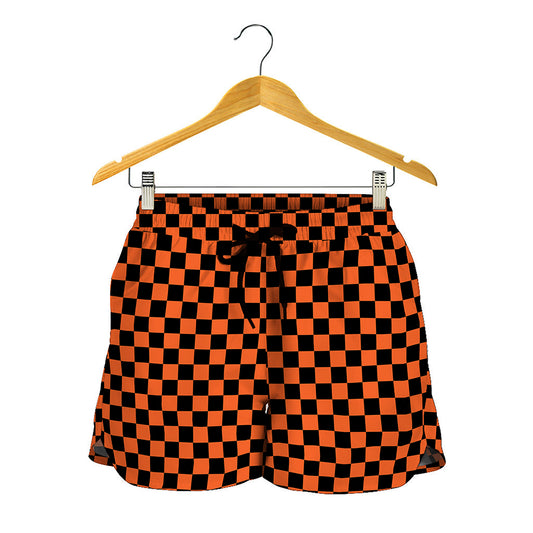 Orange And Black Checkered Pattern Print Women's Shorts