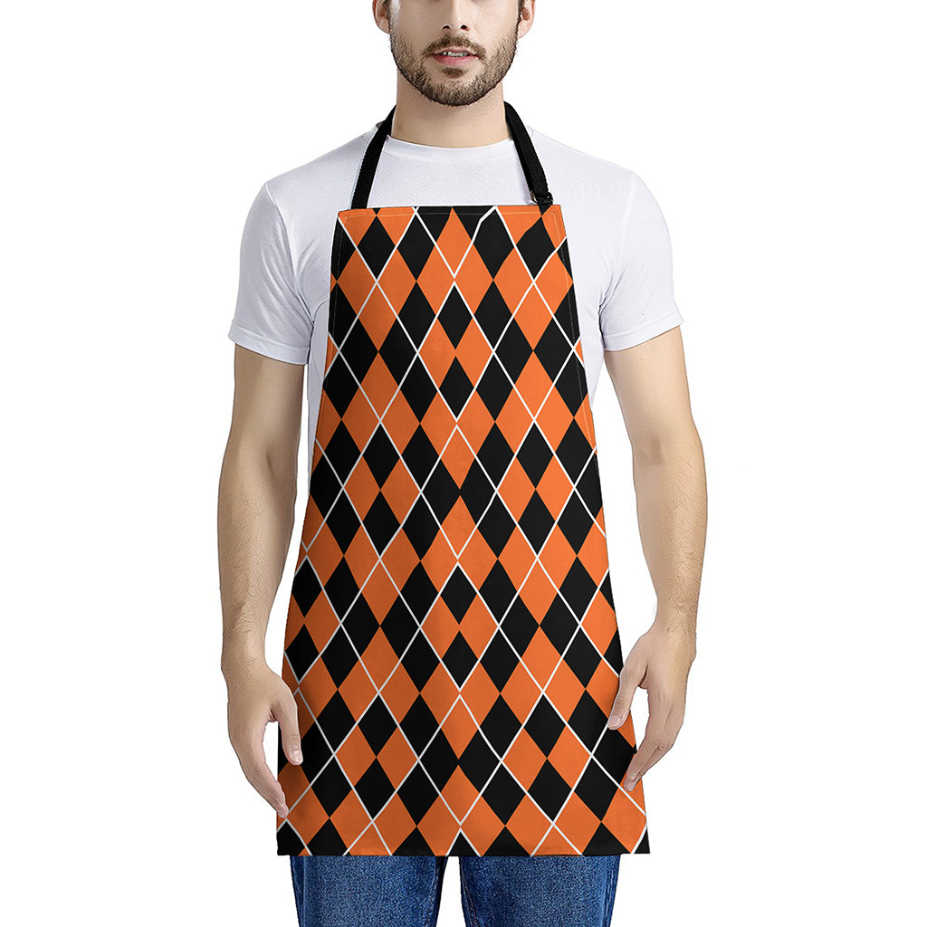 Orange And Black Halloween Argyle Print Apron