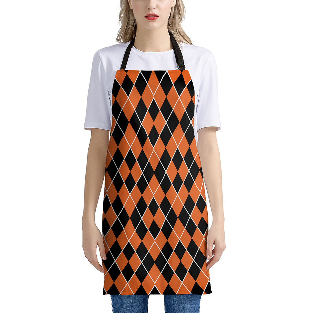 Orange And Black Halloween Argyle Print Apron