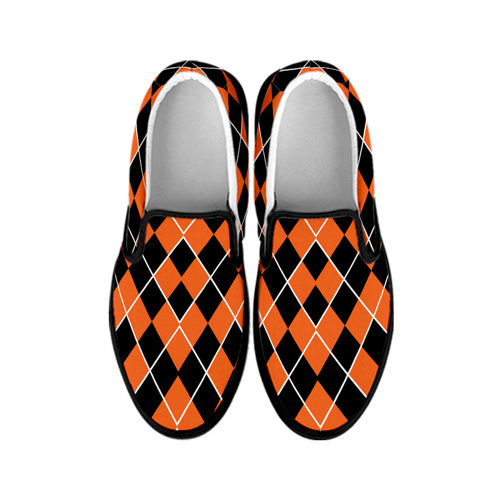 Orange And Black Halloween Argyle Print Black Slip On Shoes