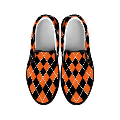 Orange And Black Halloween Argyle Print Black Slip On Shoes
