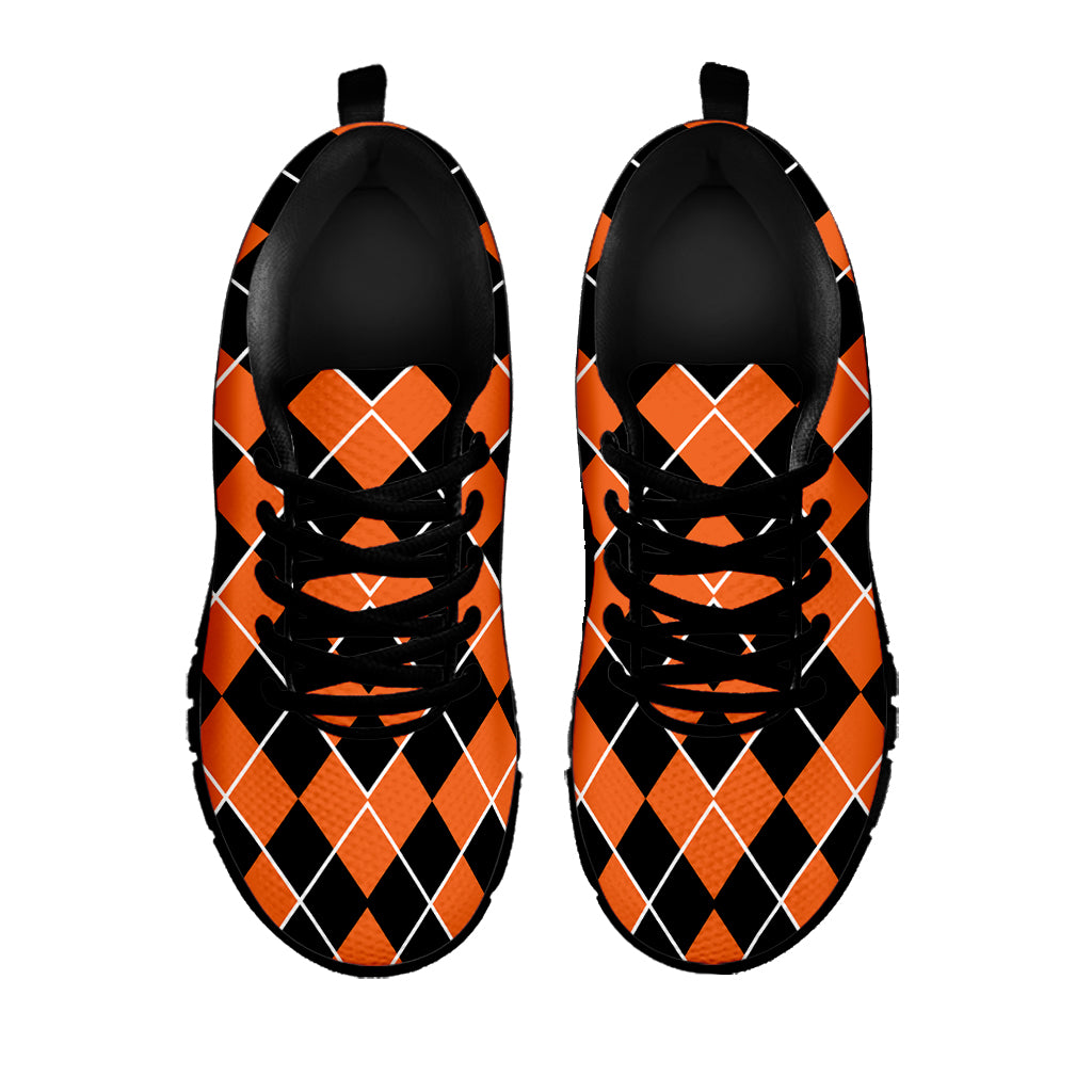 Orange And Black Halloween Argyle Print Black Sneakers