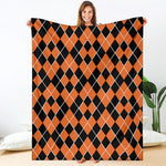 Orange And Black Halloween Argyle Print Blanket