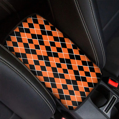 Orange And Black Halloween Argyle Print Car Center Console Cover