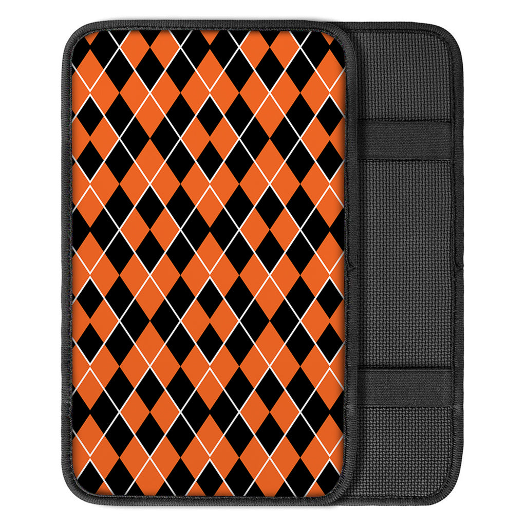 Orange And Black Halloween Argyle Print Car Center Console Cover